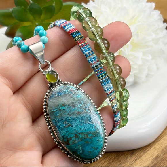 Peridot and Chrysocolla Long Pendant Jewelry Set Lot Turquoise Necklace 925 - Picture 2 of 8
